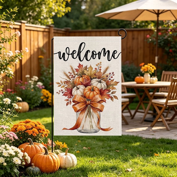 Roiihwy Welcome Fall Garden Flag, Maple Leaf Thanksgiving Rustic Seasonal Outside Outdoor Decorations, Fall Pumpkin Garden Flag for Thanksgiving Halloween Farmhouse Yard