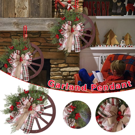 Roiihwy Winter Front Door Decoration Garland Farm Wagon Wheel Base Wreath, 15.7in, Wood