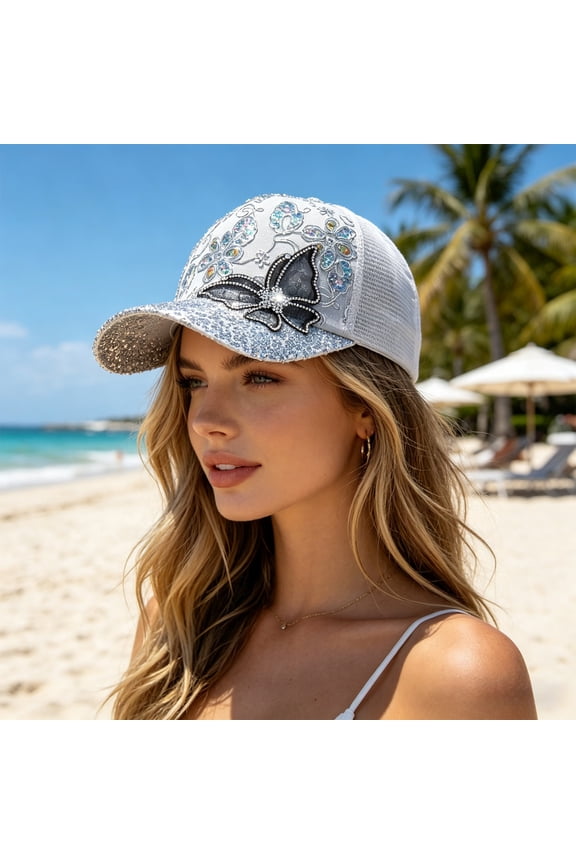 Womens Baseball Cap, Shining Butterfly Summer Sun Hats for Women Baseball Caps, Breathable Mesh Back, Adjustable Sun Protection Ponytail Hat