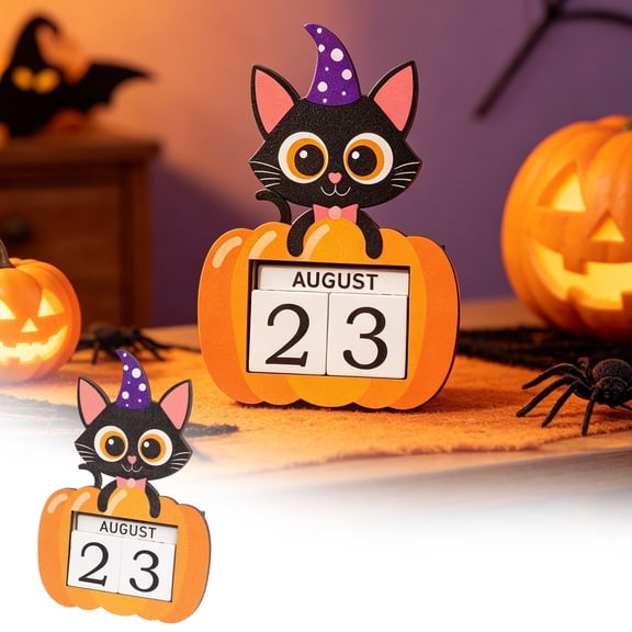 Roiihwy Wooden Perpetual Calendar, Halloween Countdown Decor Adjustable Date Block Tabletop, Multicolor