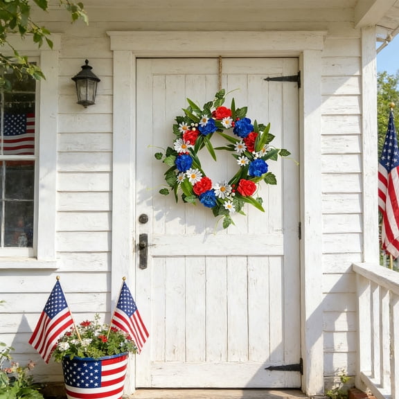 Roiihwy Wreaths for Front Door 15.74 X 15.74X2.36 Inches, Wreaths Artificial Spring Summer Greenery Hanging Garland, for Home Wedding Wall Window Patriotic Decoration