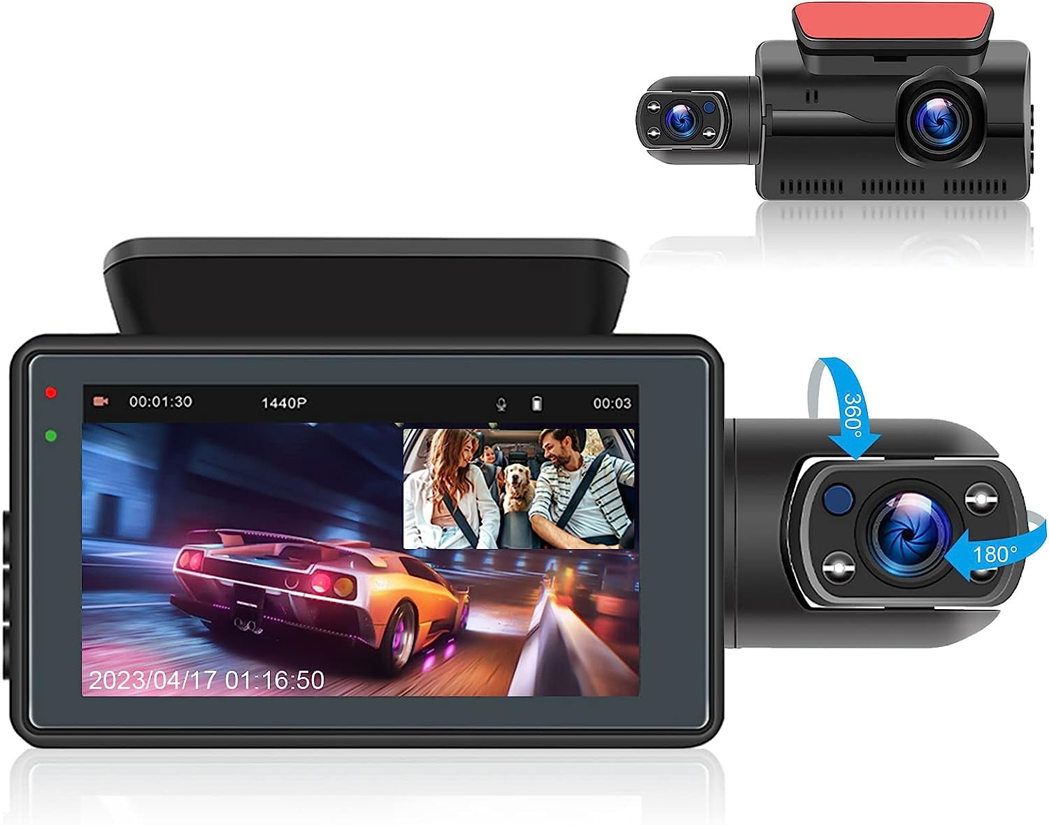 Roinvou 3 Channel Dash Cam Front Rear and Inside with 2 IPS Screen, Three  Way Triple Dash Camera Recorder for Car, 130° FOV with Night Vision