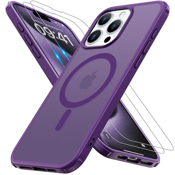 Magnetic for iPhone 15 Pro Max Case [Compatible with MagSafe]with 2X Screen Protector, Military-Grade Slim Shockproof Phone Cover Translucent Matte Anti-Fingerprint Anti-Scratch,6.7 inch,Purple