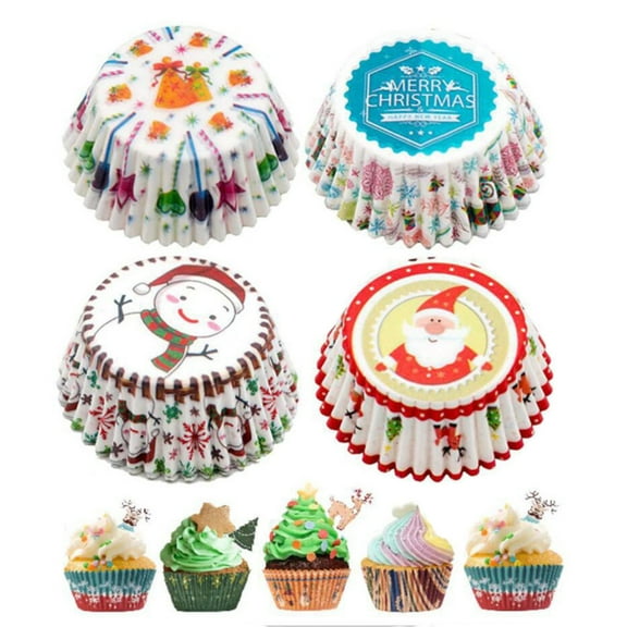100Pcs Christmas Cupcake Liners, Santa Snowman Christmas Cupcake Wrappers Baking Cups Paper Wraps Muffin Liners for Xmas Birthday Party Candy Cake Decorations Supplies