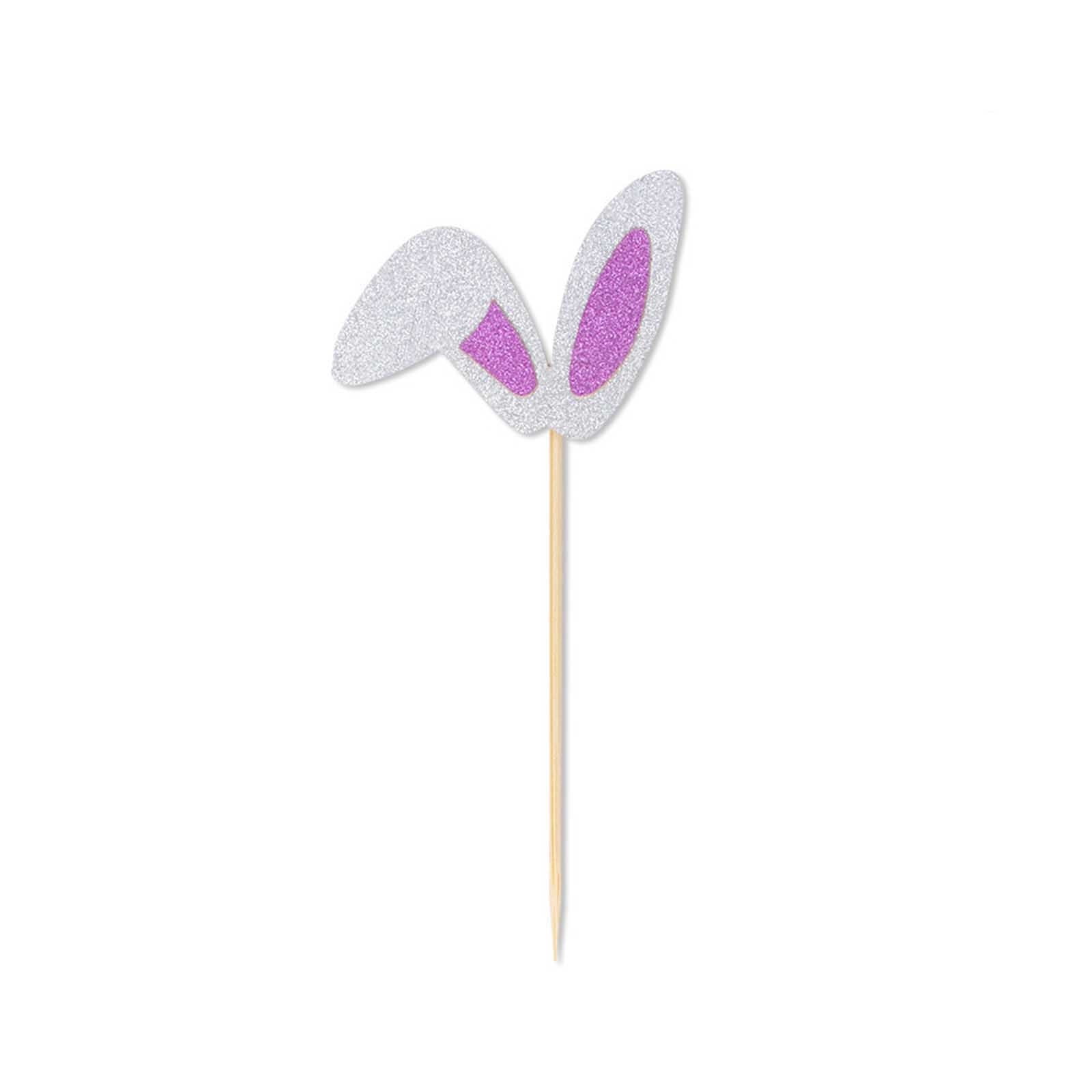 Rojia 12Pcs Easter Bunny Ear Cupcake Toppers, Purple Glitter Rabbit Ears Cupcake Picks, Easter Day Cake Toppers for Easter Theme Spring Birthday Party Supplies