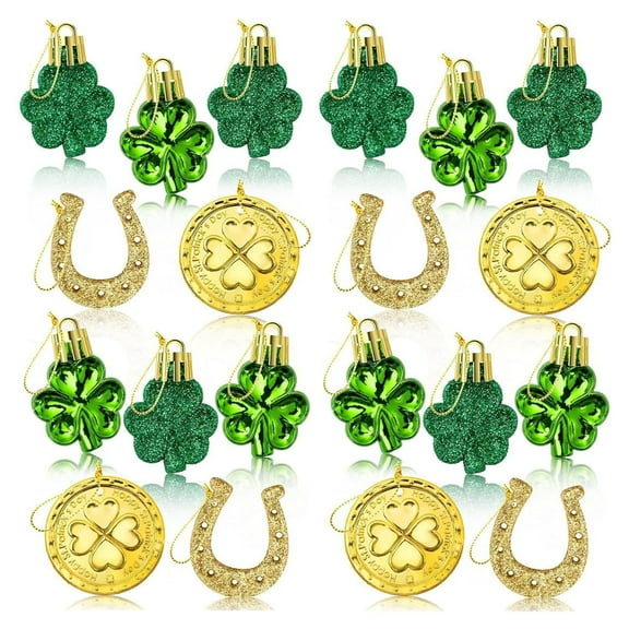 12Pcs St Patricks Day Decorations Shamrock Ornaments and Gold Coins for Tree, Clover Coins Hanging Decorations for Home School Office Irish Festival Party Supplies