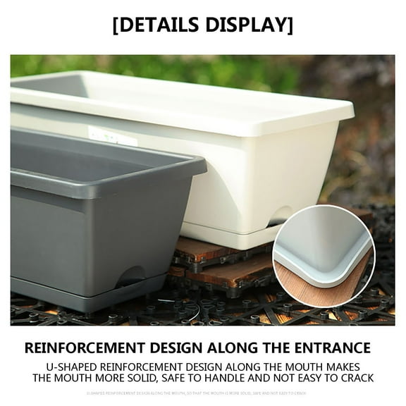 14 Inch Plastic Rectangular Window Planter Box, Window Vegetable Planter Box with Trays, Rectangular Flower Pots for Windowsill, Garden, Balcony, Patio, Grey