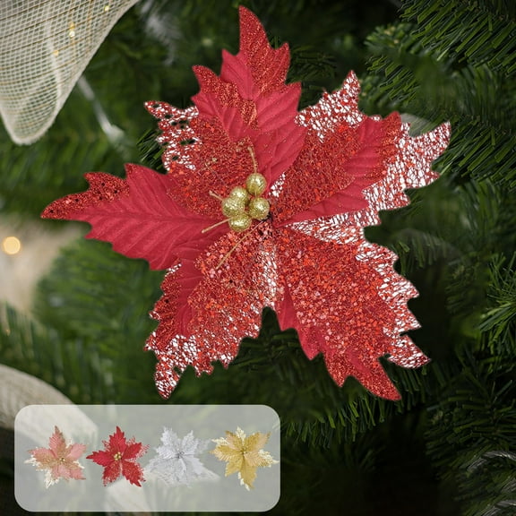 15'' Large Christmas Glitter Poinsettia Flowers Decorations, Christmas Tree Picks Ornaments Artificial Flowers with Long Stems for Xmas Tree Wreath Garland Wedding Party DIY Holiday Decor