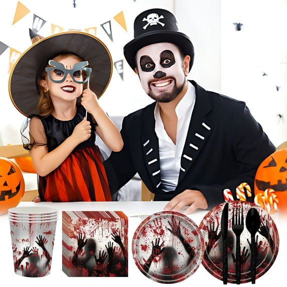 16 Pcs Halloween Theme Tableware, Spooky Disposable Dinnerware with Plates, Napkins, Forks for Halloween Horror-Themed Events, and Haunted House Party Supplies