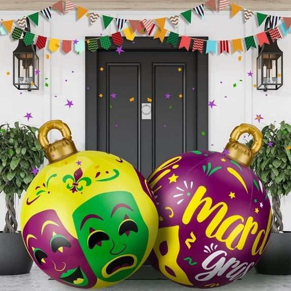 24 inch Inflatable Mardi Gras Valentine鈥檚 Day Inflatable Ball Decorations Outdoor Blow up Yard Ornaments Hanging Decorated Ball Ornaments for Yard Lawn Outdoor