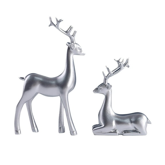 2Pcs Christmas Reindeer Figurines, Silver Creative Decorations Luck Deer, Resin Elk Sculpture Miniature Figurine, Festive Atmosphere Fireplace Dining Table Xmas Decor