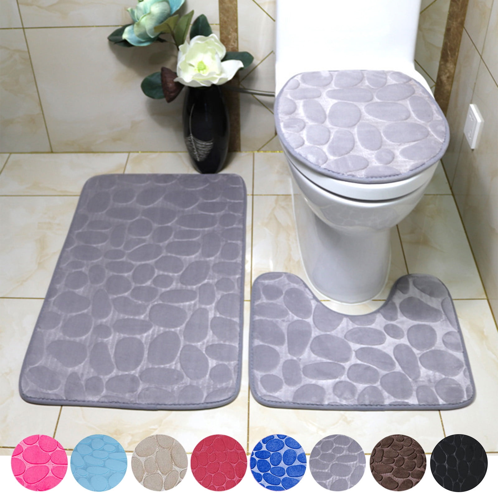 3 Piece Stone Embossed Solid Color Memory Foam Soft Bathroom Rug Set ...