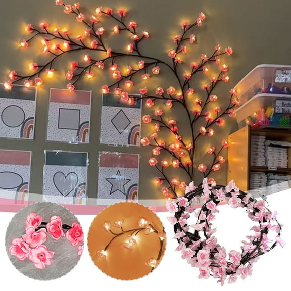5.2ft Pink Flower Vine String Lights,Garland Bedside Wall Decoration Lights,USB Power Supply,72 LEDs