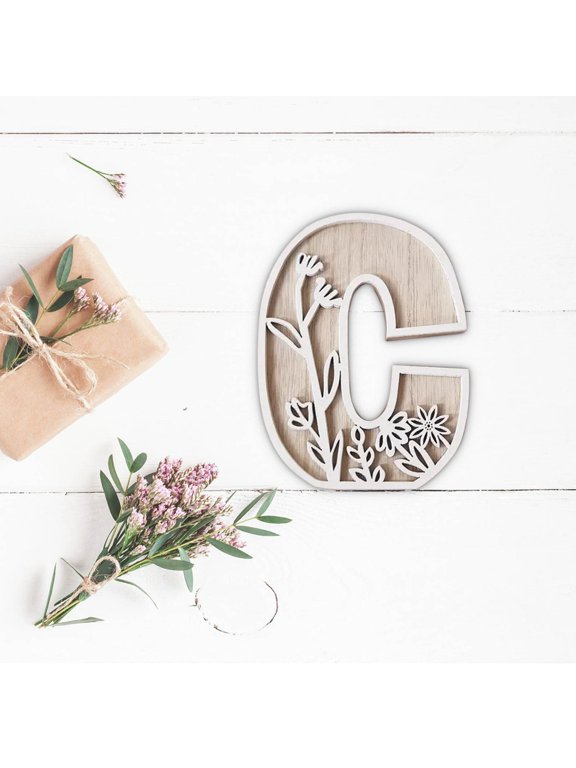 5 Inch Floral Carved Wooden Letter Decor,A-Z Monogram Alphabet Sign,Wall Art for Wedding, Kitchen, Nursery & Home Decor, Freestanding Hanging Wood Sign