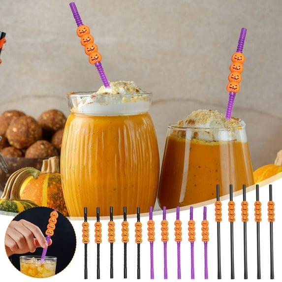 Rojia 5 Pcs Halloween Straws Plastic, Pumpkin Straws Reusable Straight Drinking Straws Halloween Party Decoration Supplies for Beverage Bar KTV