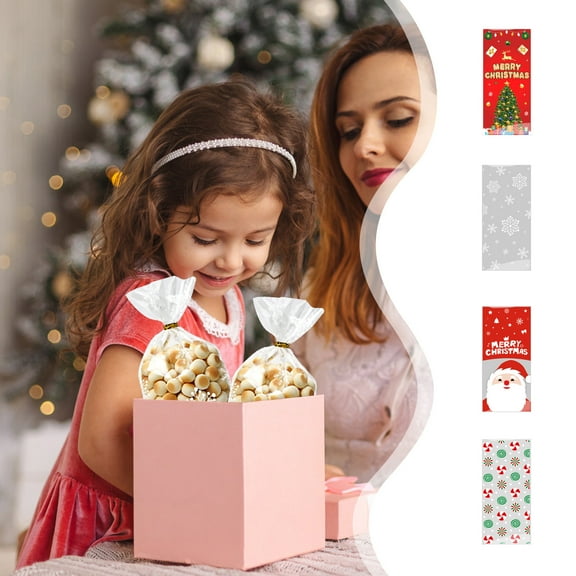 50Pcs Christmas Packaging Bag with 60Pcs Rope Tie, Candy Bag Souvenir Gift Bag Baking Packaging Candy Snacks Bag Party Supplies Decoration