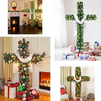 6ft Foldable Cross Christmas Tree, Christmas Tree Shaped Like a Cross, Pre-Lit Artificial Pine Christmas Cross with Led Light, Silk Scarf, Wood Rattan Ring
