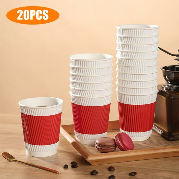 7 oz Paper Coffee Cups Ripple Disposable Paper Cups, Leakproof Recyclable White Red Paper Hot Cups, 20Pcs