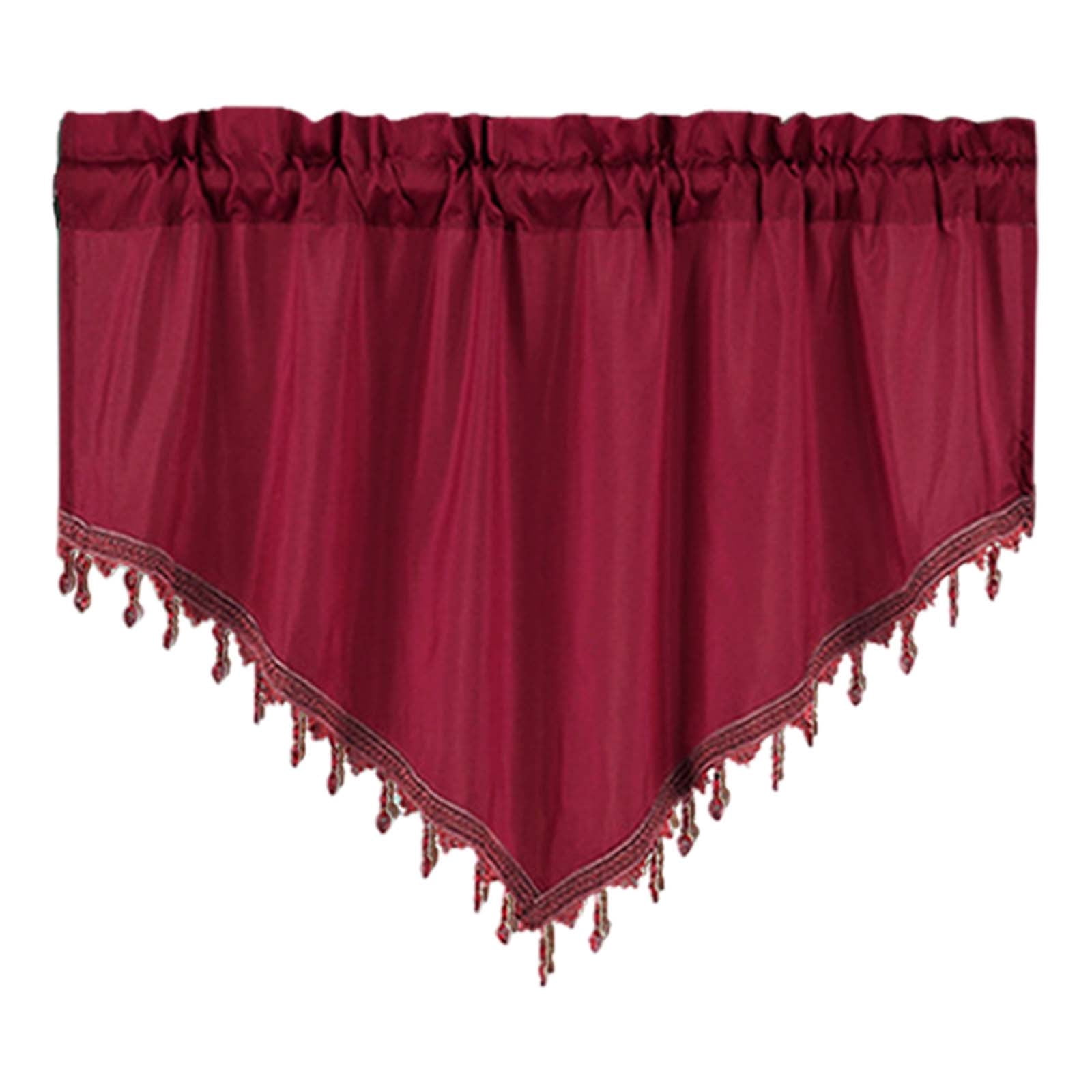 Beaded Triangle Sheer Valance Curtains for Living Room, Rod Pocket Farm Window Valance, Bead Trim Tassel Voile Sheer Curtain Valance for Bedroom Bathroom Cafe
