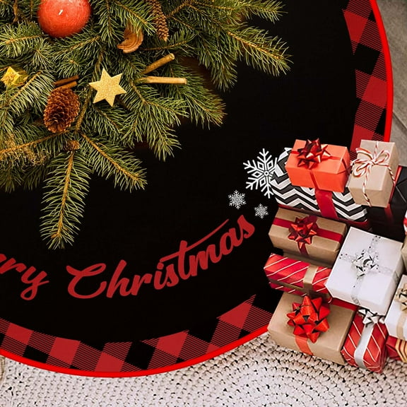 Black Christmas Tree Skirt, 48 inches Merry Christmas Burlap Tree Skirt with Red and Black Plaid Buffalo Edge for Halloween Holiday Indoor Home Nightmare Before Christmas Decorations