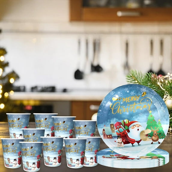 Blue Christmas Theme Paper Plate Decoration Disposable Stamping Paper Cups Paper Plate Set of 10Pcs