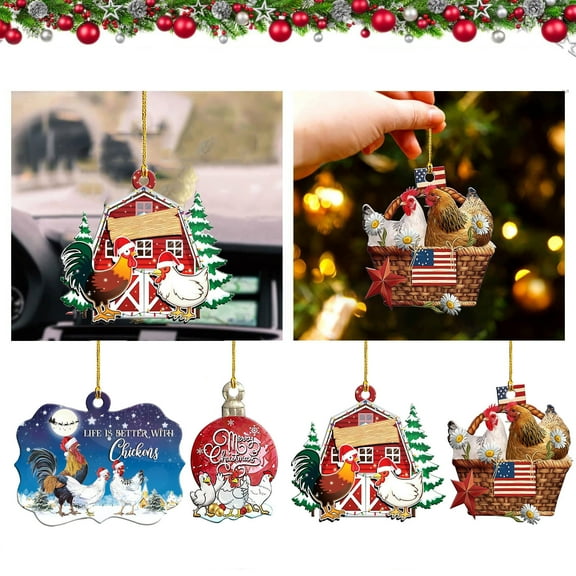 Christmas Chicken Ornament 2D Acrylic Rooster Hens with Santa Hat Hanging Pendant Farm Animals Family Chicken Christmas Tree Ornament for Holiday Winter Xmas, Home, Window, Car Decoration