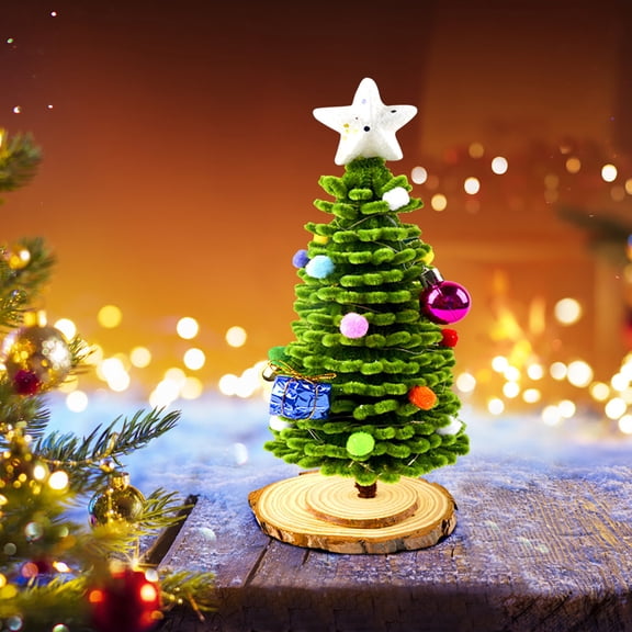 DIY Mini Christmas Tree Kit,7.87 Inch Handmade Tabletop Xmas Tree with Wooden Base,Complete Craft Ornament Set for Family,Festive Desktop Home Decoration