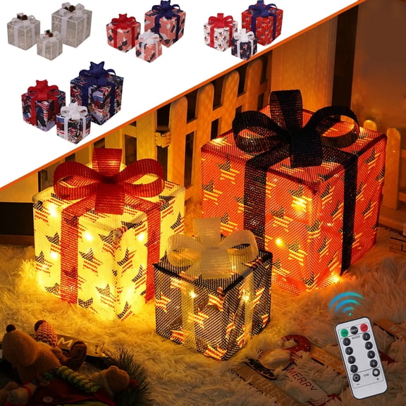 Christmas Light Box with Remote Control Set of 3, LED Gift Box Decoration Outdoor Elevated Christmas Box Gift Decoration Indoor Outdoor Terrace