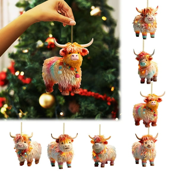 Christmas Ornaments Highland Cow Decor Xmas Tree Decorations Cute Acrylic Cow Pendants Cartoon Cow Decorative