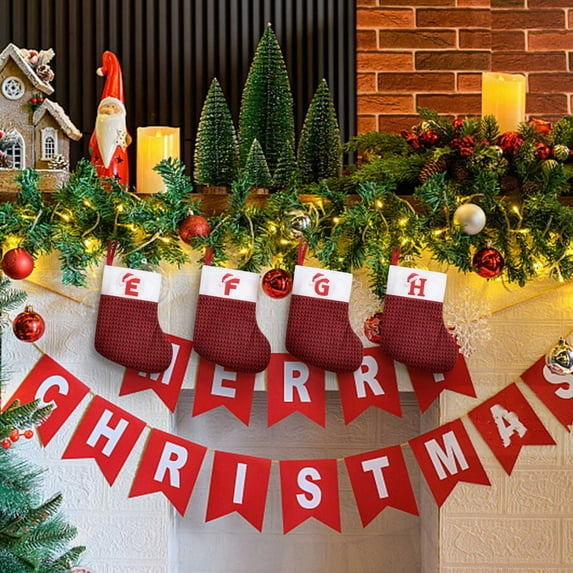 Christmas Stockings with Letter, 6.3in Embroidered Letter Knit Red White Christmas Stocking 26 Initial Monogram Hanging Xmas Stockings for Family Christmas Tree Fireplace Decoration