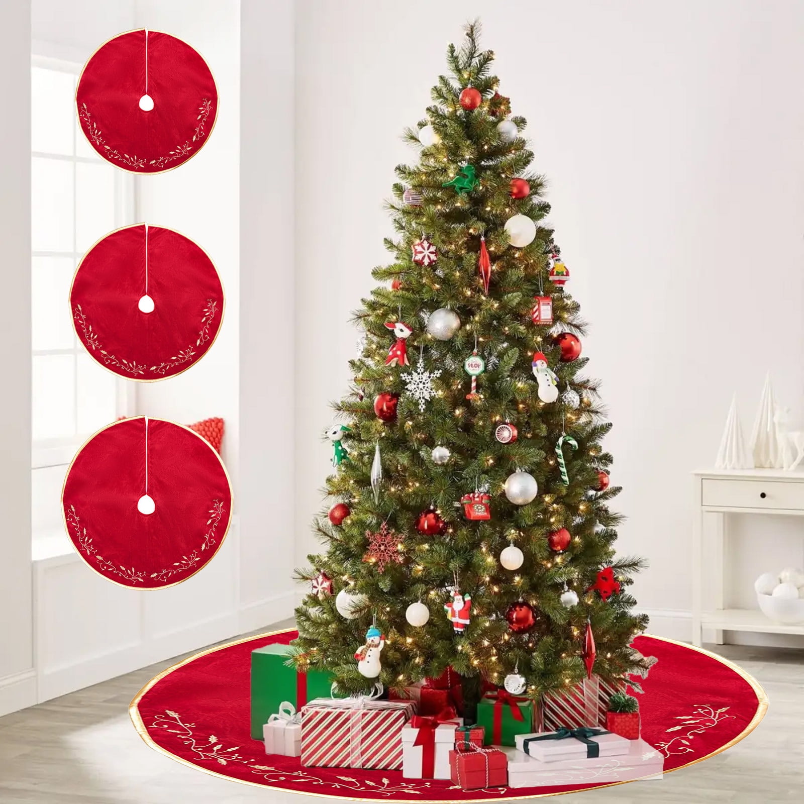 Red Velvet 48-Inch Christmas Tree Skirt with Gold Embroidery