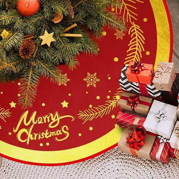 Christmas Tree Skirt Red and Gold Tree Skirt Ornaments Soft Plush Christmas Tree Mat with Snow Pattern for Decorations Holiday Party Indoor Outdoor 30 Inches