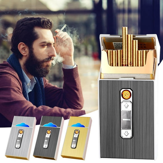 Cigarettes Case Lighter USB Rechargeable, Cigarettes Box Holder Large Size Portable Pack Hold 20 Regular Size Cigarettes