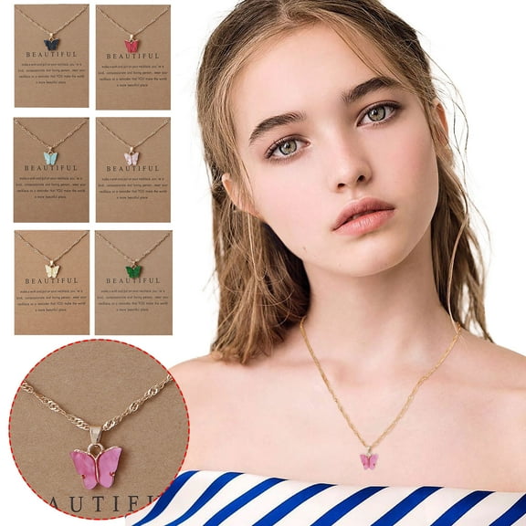 Colorful Acrylic Butterfly Pendant Necklace Bohemian Adjustable Retro Card Clavicle Chain Insect Animals Necklace for Valentine Women Friend Friendship Party Jewelry Gift