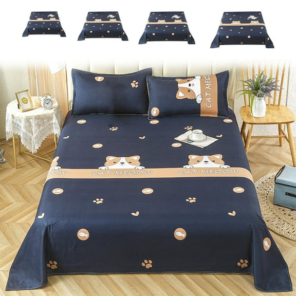 Cute Cat Meoow Blue Paw Print Fish Sheet, Thickened Polyester Autumn and Winter Warm Sheet Bedding, Multi-size