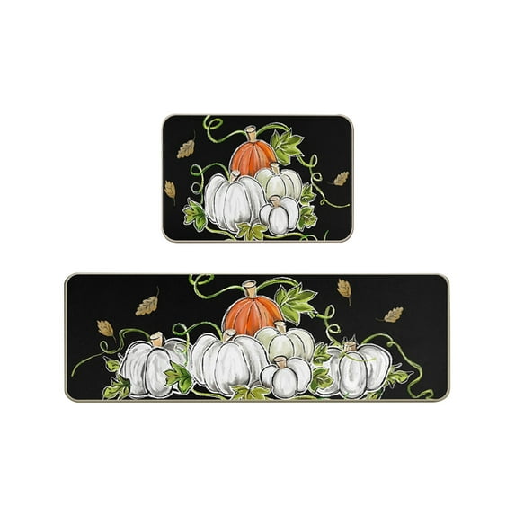 Decorative Kitchen Floor Mats Set of Two, Fall Theme Pumpkin Turkey Pattern Kitchen Rugs and Mats for Outdoor Indoor Kitchen Decor Halloween Thanksgiving Non-Slip Doormat