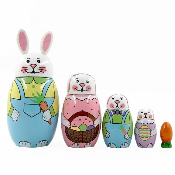 Easter Bunny Russian Nesting Dolls Toys, 5Pcs Animals Wooden Matryoshka Doll Set, Handmade Easter Decoration Gifts