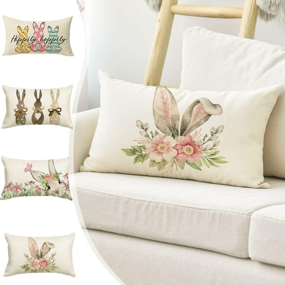 Easter Bunny Throw Pillow Covers 12 x 20 Inch Spring Rabbit Decorative Lumbar Pillowcases Holiday Cushion Cases for Sofa Couch Home Decorations