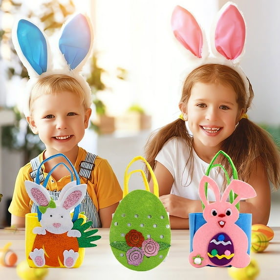 Easter Gift Bag with Handles, Bunny Ear Eggs Carrot Rabbit Basket Candy Cookies Bags for Happy Easter Party Decor Holiday Baking Packing Supplies