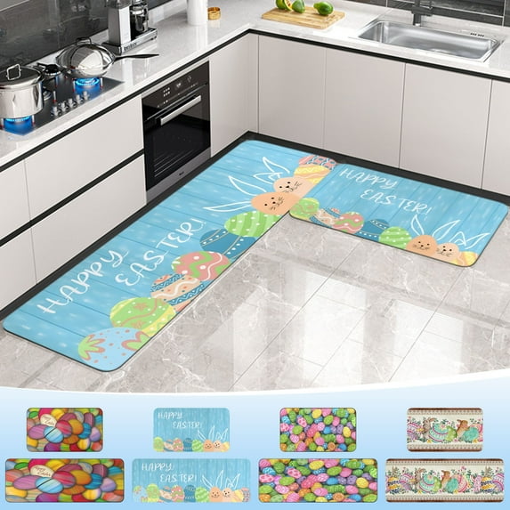 Easter Kitchen Mat, Happy Easter Kitchen Rugs, Easter Bunny Eggs Flower Kitchen Mats for Floor Non Slip Set of 2 Pcs Holiday Spring Gifts for Home Office Laundry Decor, 15.7x23.6+15.7x47 Inch