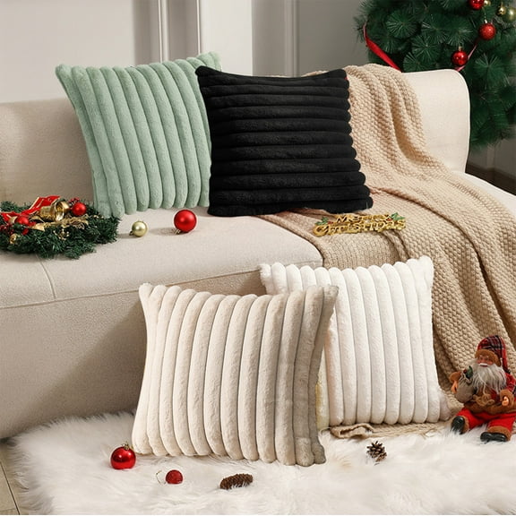 Faux Fur Home Decorative Throw Pillow Cover Luxury Super Soft Fuzzy Striped Furry Pillowcase for Sofa Couch Bedroom Comfy Thick Plush Cushion Cover 18x18 Inch