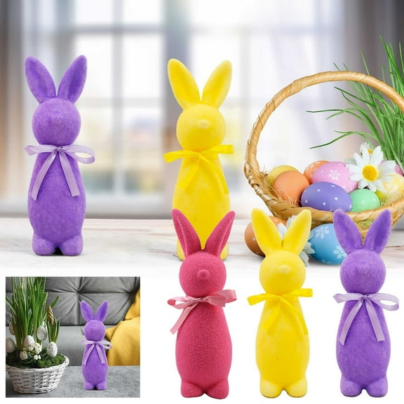 Flocked Bunny Statue with Bow Shiny Easter Bunny Desktop Decoration Flocked Foam Bunny Statue Easter Indoor Decoration,9 inches