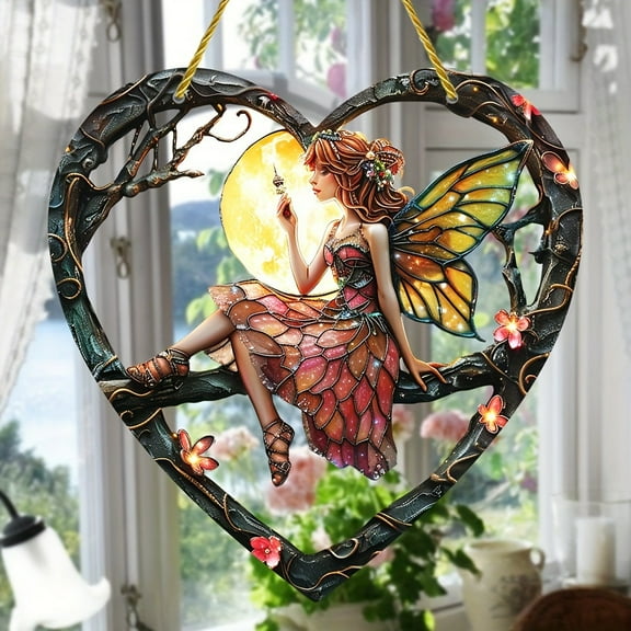 Flower Fairy Acrylic Window Hanging, Fairy Stained Glass Suncatcher, Holiday Decorations, Christmas Decorations, Heart Shaped Acrylic Window Decorations Elf Girl Art, 8 X 8 Inch