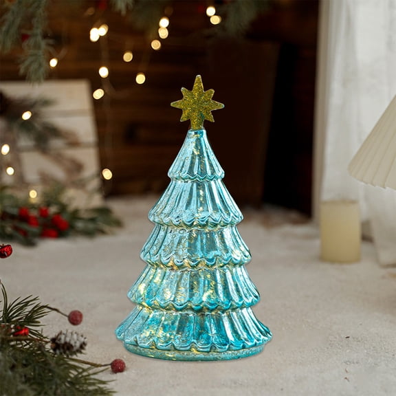 Lighted Glass Christmas Tree,Mercury Glass Tabletop Xmas Tree with LED Lights,Battery Operated Mini Christmas Tree Decor with Gold Star for Home Mantel Shelf Holiday