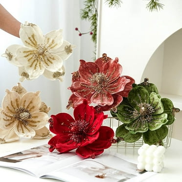 Rojia Glitter Artificial Magnolia Flower for Tree Christmas Poinsettia Magnolia Flower Glitter Velvet Magnolia Flower Decorative for Christmas Tree New Year Wedding Party Decoration