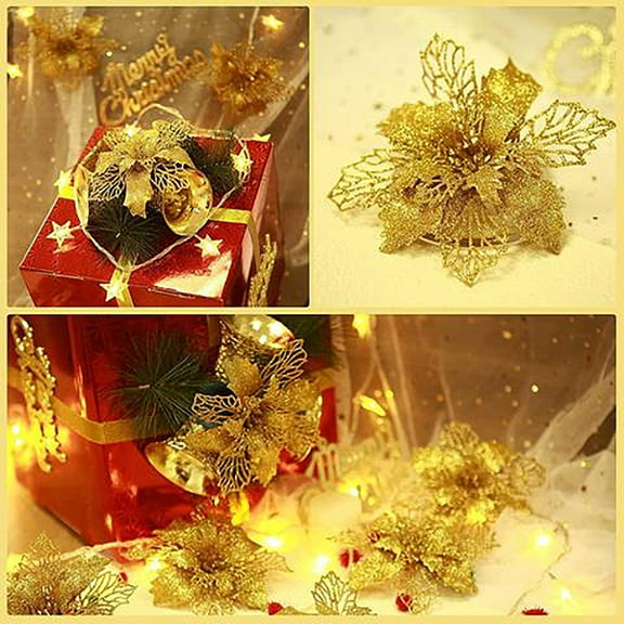 Glitter Poinsettia Christmas Tree Decorations 5 PCS Winter Flowers Christmas Tree Wreath Ornaments with Clips, Green