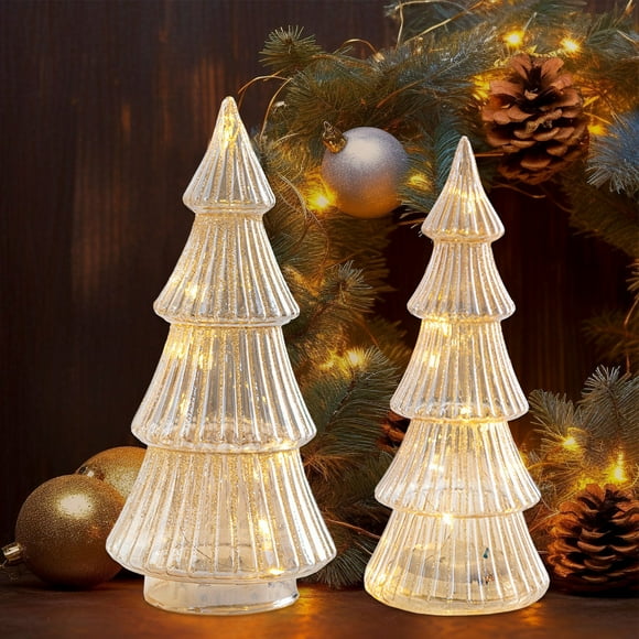 Rojia Gold Lighted Glass Christmas Trees, Small Tabletop Xmas Tree Decorations, Glass Christmas Tree Battery Operated, Indoor Home Decor for Party Table Season Decor