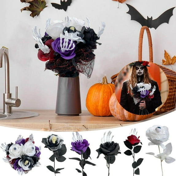 Halloween Artificial Roses, Fake Black Purple Red Roses Bouquet Faux Halloween Flowers with Eyes Skull Decorations for Halloween Party Home Outdoor Indoor Decor
