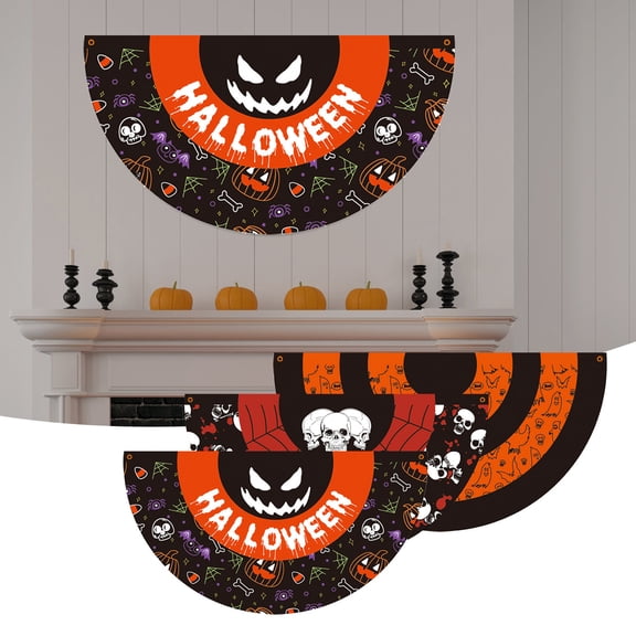 Halloween Bunting Flags, Halloween Fan Flag Banner, Halloween Pumpkin Spooky Skull Yard Fence Wall Hanging Bunting Flag Indoor Outdoor Decoration, 1.5 x 3 Ft