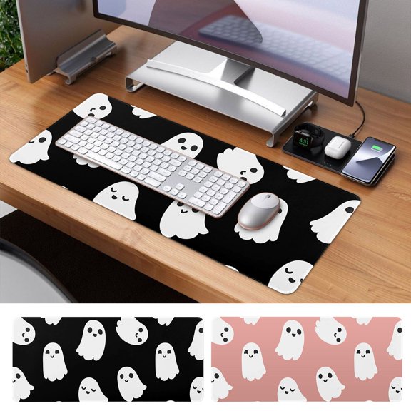 Halloween Cute Ghost Mouse Pad, Kawaii Cartoon Spooky Funny Spirit Extended Desk Mat Non-Slip Rubber Base Stitched Edge Black White Mousepad for Desk Gaming Laptop Desktop